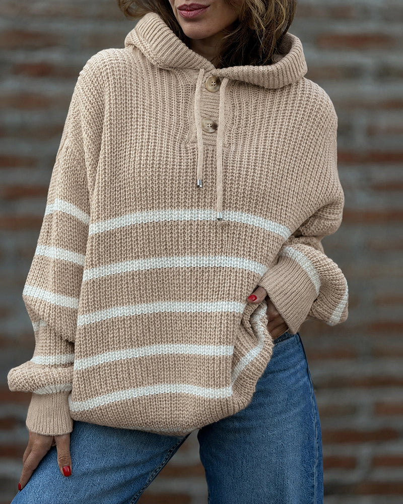 Striped Lantern-Sleeve Hooded Sweater — exact originele khaki variant van Noélla Montréal