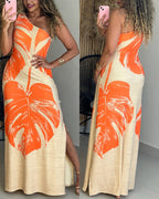 One-Shoulder Pocket Slit Maxi Dress