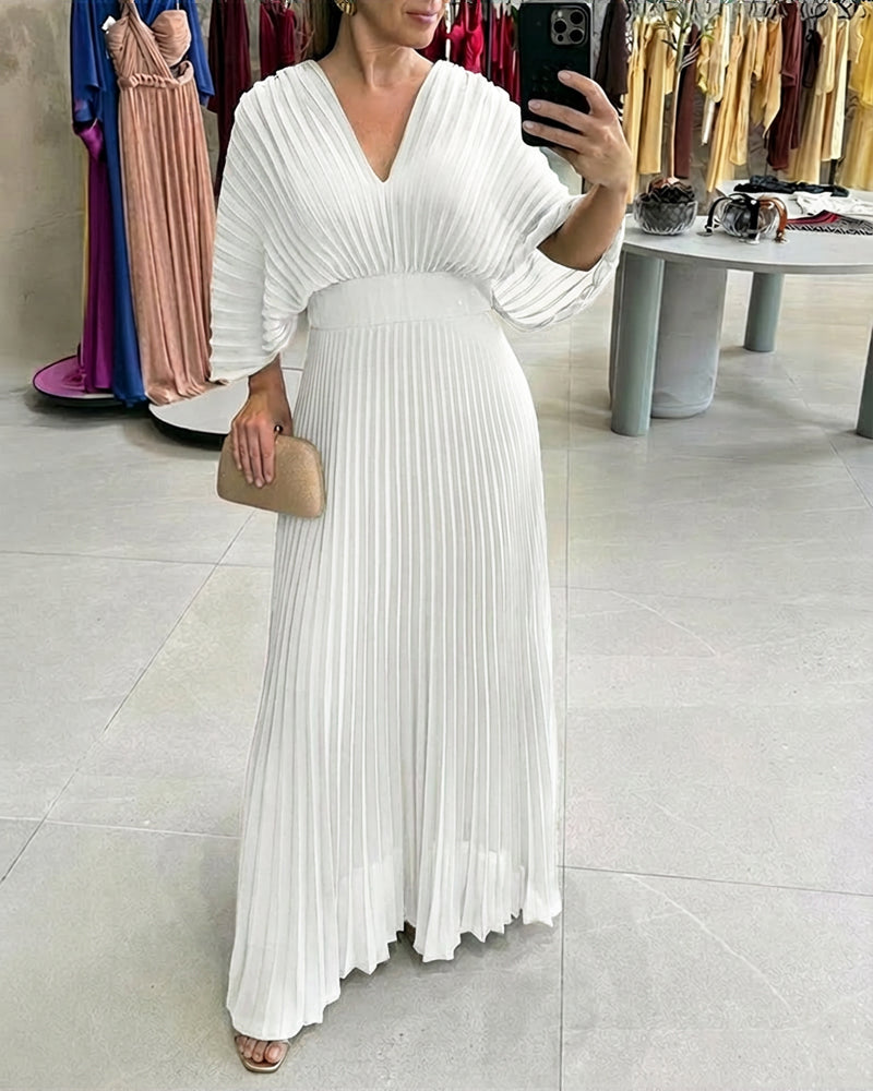 V-Neck Backless Pleated Maxi Dress
